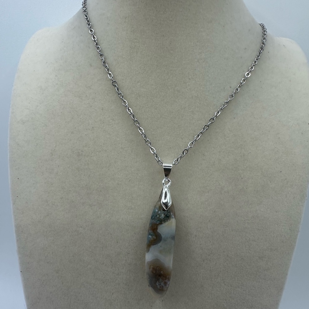 Long Thin Ocean Jasper Pendant on Stainless Steel Chain - Picture 5 of 7